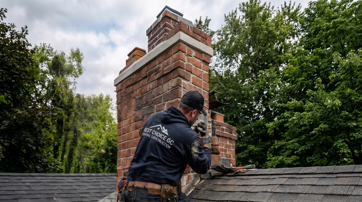 Best Choice GC technician repairing a brick chimney in New Jersey